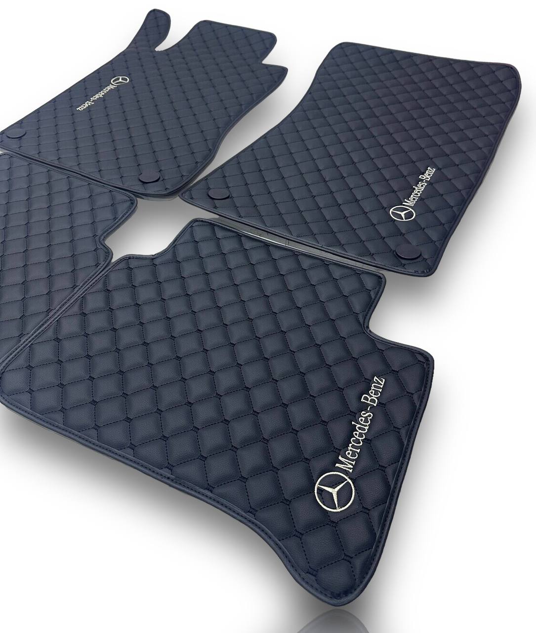 MERCEDES-BENZ Leather Luxury Car Floor Mats | Fits A-B-C-CL Series-E-EQ Series-S-SL Series-G-GL Series-ML-MAYBACH-R-AMG Models | Black Leather & Black Stitch