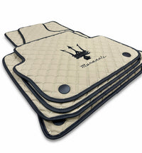 Luxury Leather Car Floor Mats Compatible With Maserati | Fits Ghibli, Quattroporte, GranTurismo, GranCabrio, Levante, Grecale, MC20, MCPURA, 4200 GT & More | Beige Leather & Beige Stitch & Black Logo