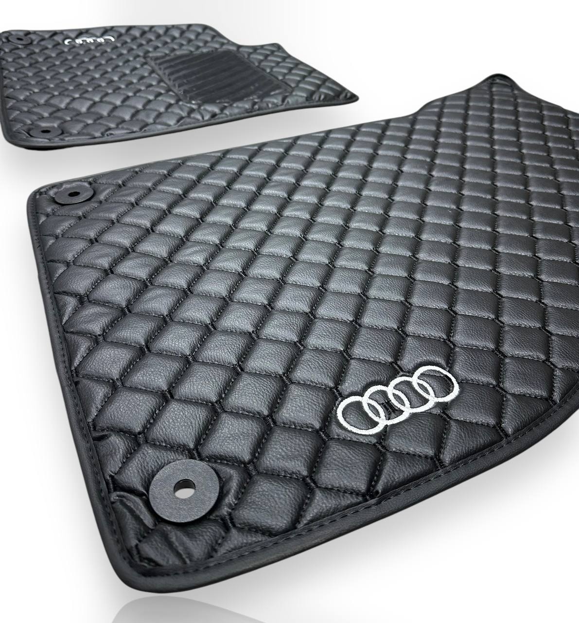 AUDİ Leather Luxury Car Floor Mats | Fits A1-A3-A4-A5-A6-A7-A8-Q2-Q3-Q4-Q5-Q7-Q8-S-RS-TT-R8-E Tron Models | Black Leather & Black Stitch