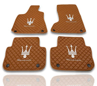 Luxury Leather Car Floor Mats Compatible With Maserati | Fits Ghibli, Quattroporte, GranTurismo, GranCabrio, Levante, Grecale, MC20, MCPURA, 4200 GT & More | Brown Leather & Brown Stitch