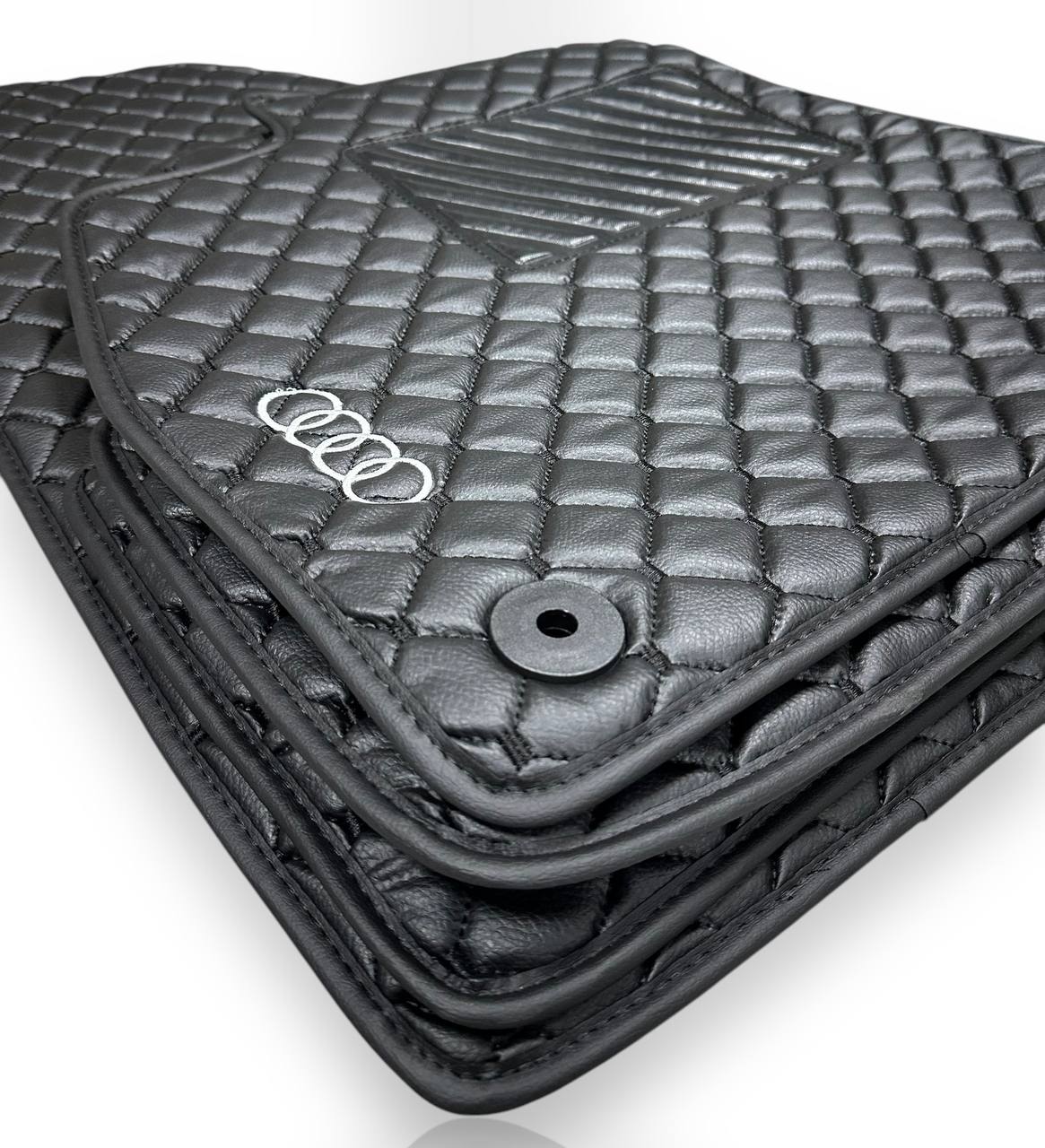 AUDİ Leather Luxury Car Floor Mats | Fits A1-A3-A4-A5-A6-A7-A8-Q2-Q3-Q4-Q5-Q7-Q8-S-RS-TT-R8-E Tron Models | Black Leather & Black Stitch