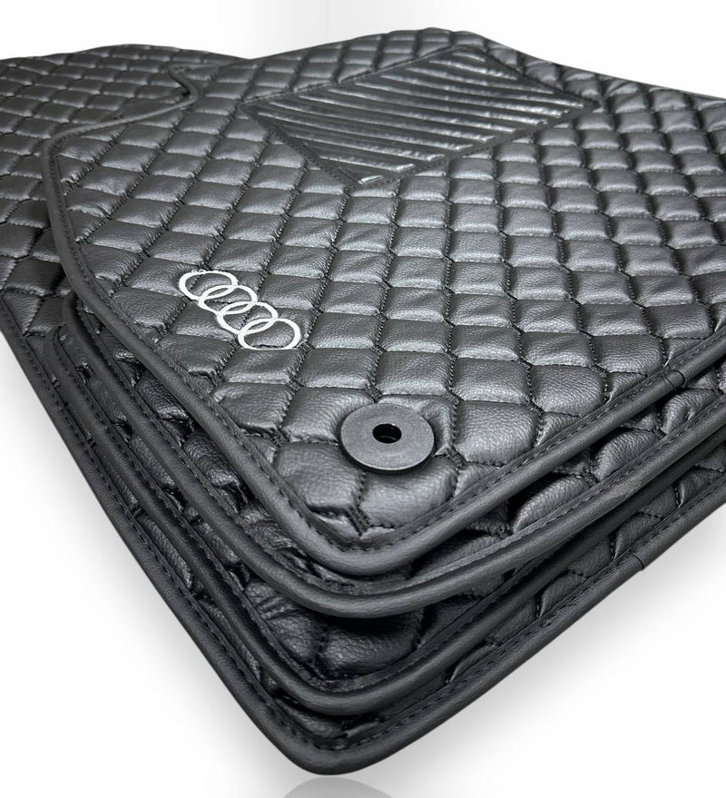 Luxury Leather Car Floor Mats Compatible With AUDI Models | Fits A1, A2, A3, A4, A5, A6, A7, A8, Q2, Q3, Q4 e-tron, Q5, Q6 e-tron, Q7, Q8, Q8 e-tron, e-tron GT, TT, R8, Allroad, S, RS models | Black Leather & Black Stitch