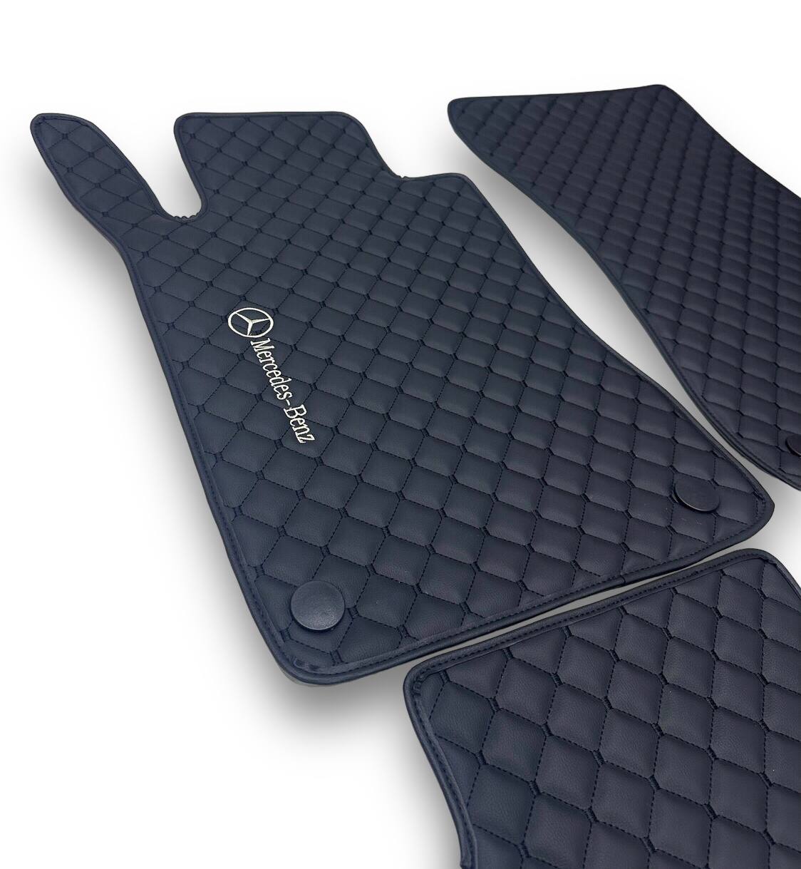 MERCEDES-BENZ Leather Luxury Car Floor Mats | Fits A-B-C-CL Series-E-EQ Series-S-SL Series-G-GL Series-ML-MAYBACH-R-AMG Models | Black Leather & Black Stitch
