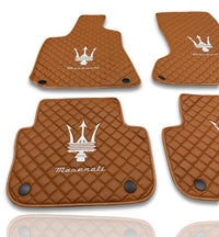 Luxury Leather Car Floor Mats Compatible With Maserati | Fits Ghibli, Quattroporte, GranTurismo, GranCabrio, Levante, Grecale, MC20, MCPURA, 4200 GT & More | Brown Leather & Brown Stitch