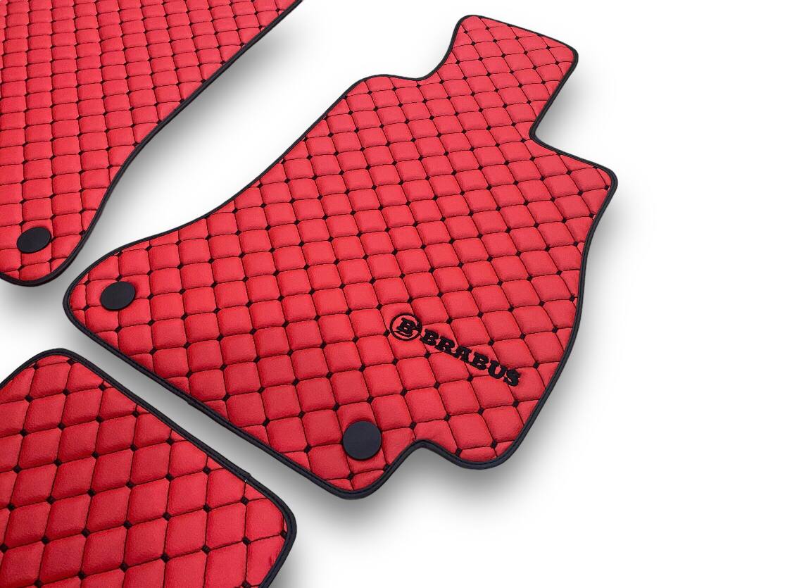 Alfombrillas de cuero de lujo para coche compatibles con Brabus | Compatible con series E, S, EQ, GLE, GLS, EQS SUV, G, AMG-GT y más modelos | Cuero rojo y costura roja