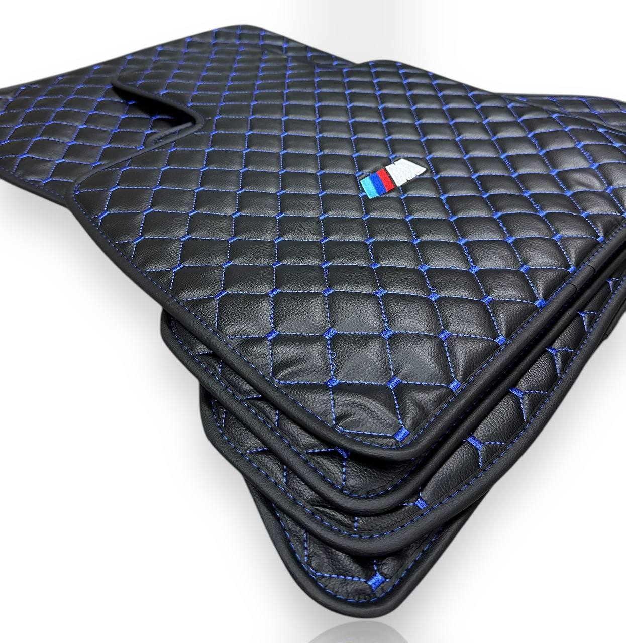 BMW Leather Luxury Car Floor Mats | Fits 1-2-3-4-5-6-7-8-M2-M3-M4-M5-M6-M8-X1-X2-X3-X4-X5-X6-X7-Z3-Z4-i3-i4-i5 Models | Black Leather & Red Stitch