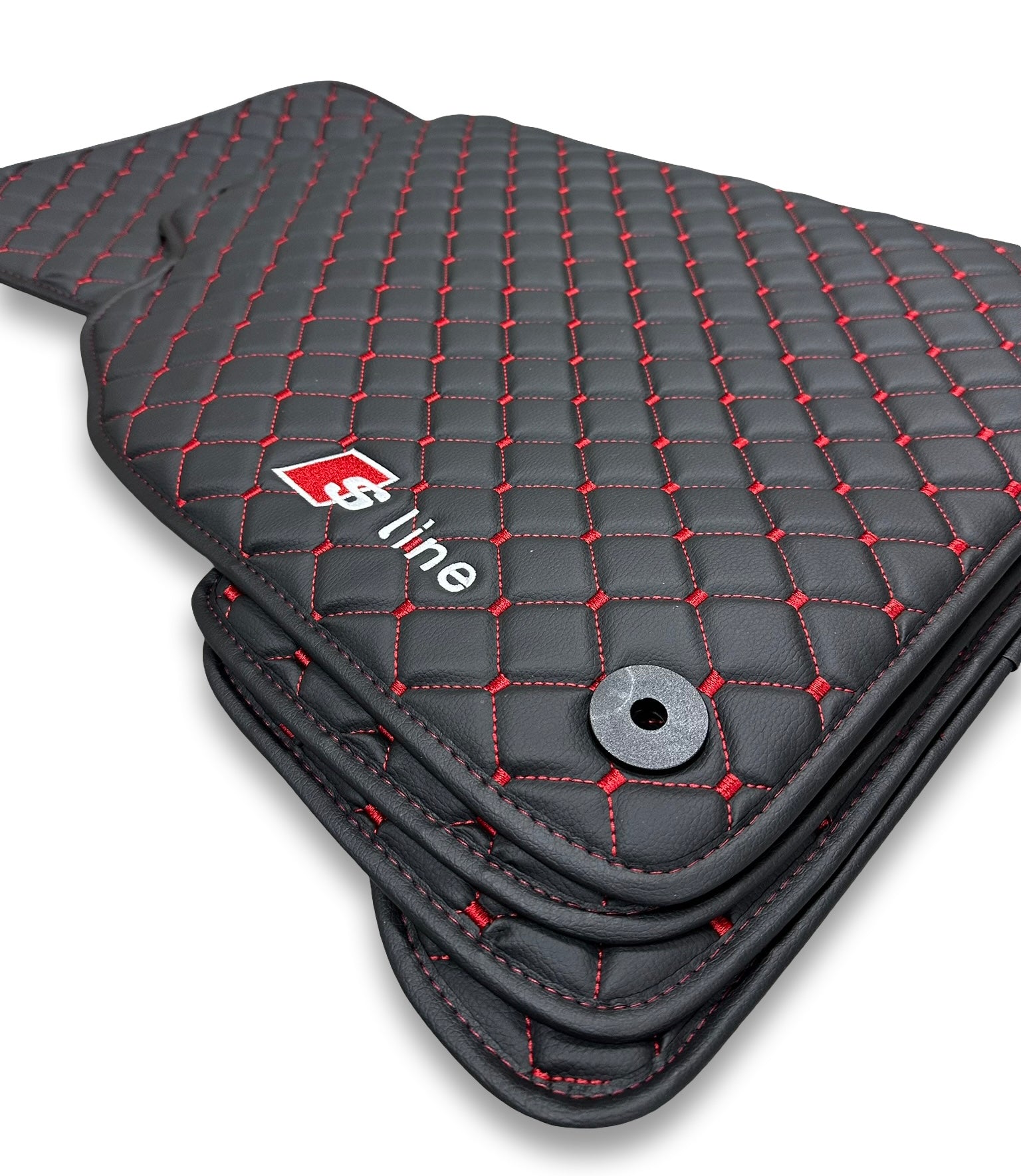 AUDİ Leather Luxury Car Floor Mats | Fits A1-A3-A4-A5-A6-A7-A8-Q2-Q3-Q4-Q5-Q7-Q8-S-RS-TT-R8-E Tron Models | Black Leather & Red Stitch