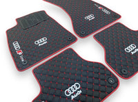 Tappetini auto in pelle di lusso compatibili con i modelli AUDI | Adatti ai modelli A1, A2, A3, A4, A5, A6, A7, A8, Q2, Q3, Q4 e-tron, Q5, Q6 e-tron, Q7, Q8, Q8 e-tron, e-tron GT, TT, R8, Allroad, S, RS | Pelle nera e cuciture rosse