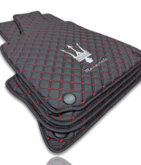 Luxury Leather Car Floor Mats Compatible With Maserati | Fits Ghibli, Quattroporte, GranTurismo, GranCabrio, Levante, Grecale, MC20, MCPURA, 4200 GT & More | Black Leather & Red Stitch