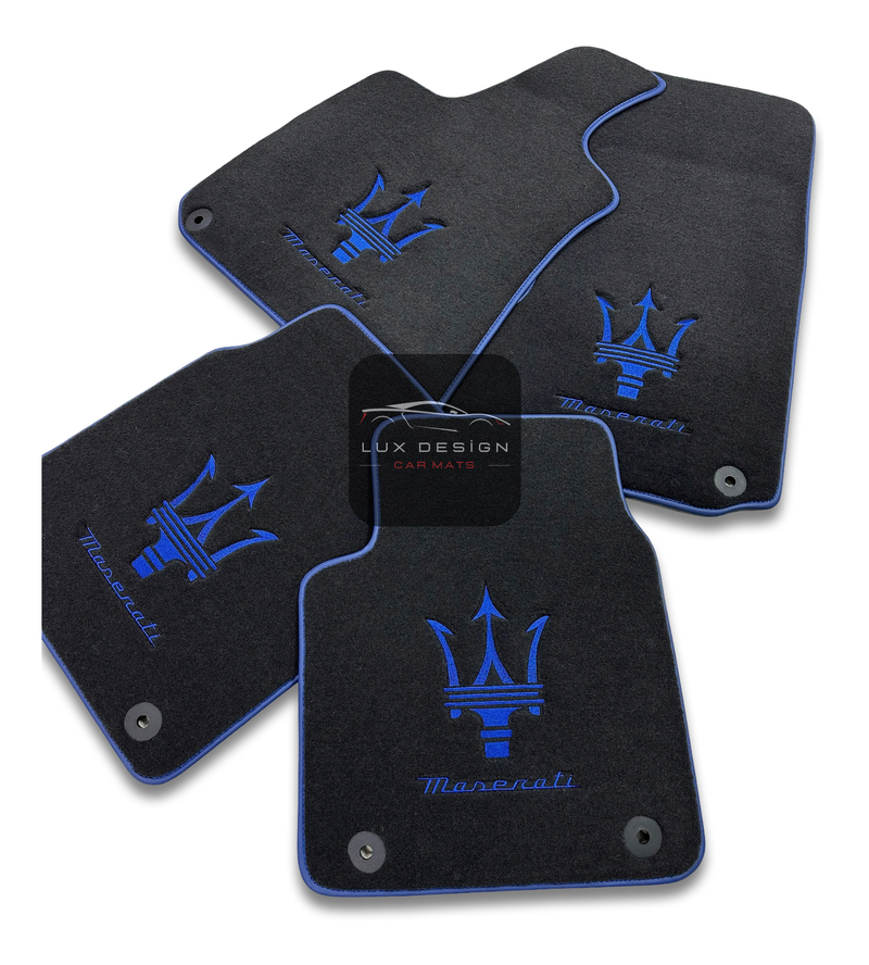Luxury Carpet Car Floor Mats Compatible With Maserati | Fits Ghibli, Quattroporte, GranTurismo, GranCabrio, Levante, Grecale, MC20, MCPURA, 4200 GT & More | Blue Edging
