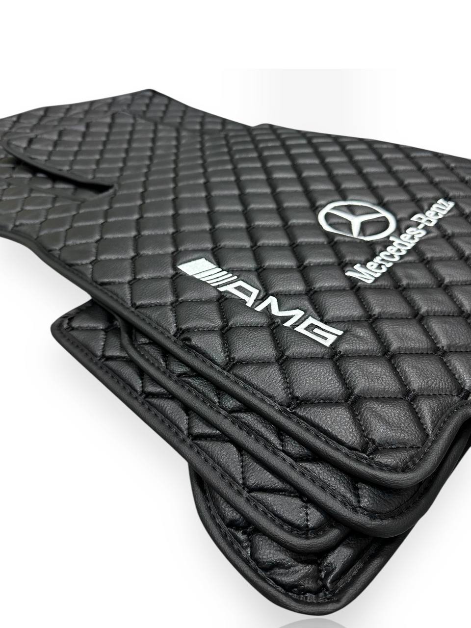 MERCEDES-BENZ Leather Luxury Car Floor Mats | Fits A-B-C-CL Series-E-EQ Series-S-SL Series-G-GL Series-ML-MAYBACH-R-AMG Models | Black Leather & Black Stitch