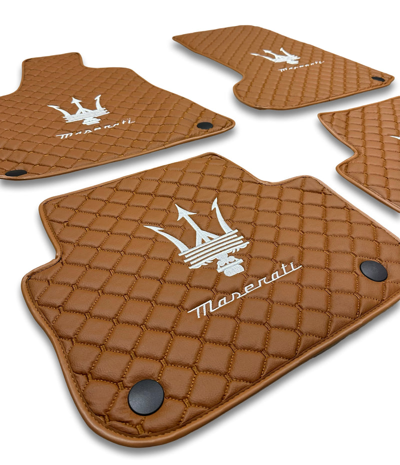 Luxury Leather Car Floor Mats Compatible With Maserati | Fits Ghibli, Quattroporte, GranTurismo, GranCabrio, Levante, Grecale, MC20, MCPURA, 4200 GT & More | Brown Leather & Brown Stitch