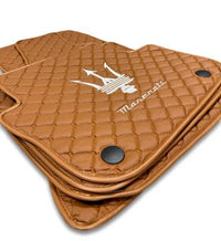 Luxury Leather Car Floor Mats Compatible With Maserati | Fits Ghibli, Quattroporte, GranTurismo, GranCabrio, Levante, Grecale, MC20, MCPURA, 4200 GT & More | Brown Leather & Brown Stitch