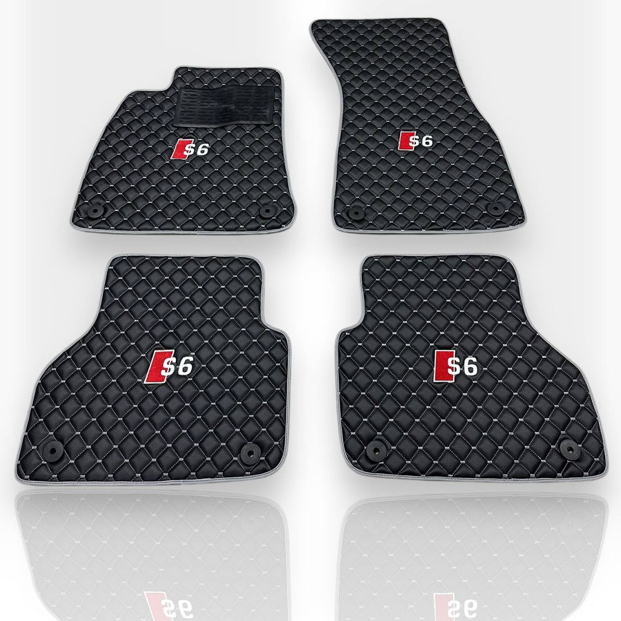 AUDİ A6 / S6 / RS6 Leather Premium Luxury Car Floor Mat Set Black And Gray Stitch