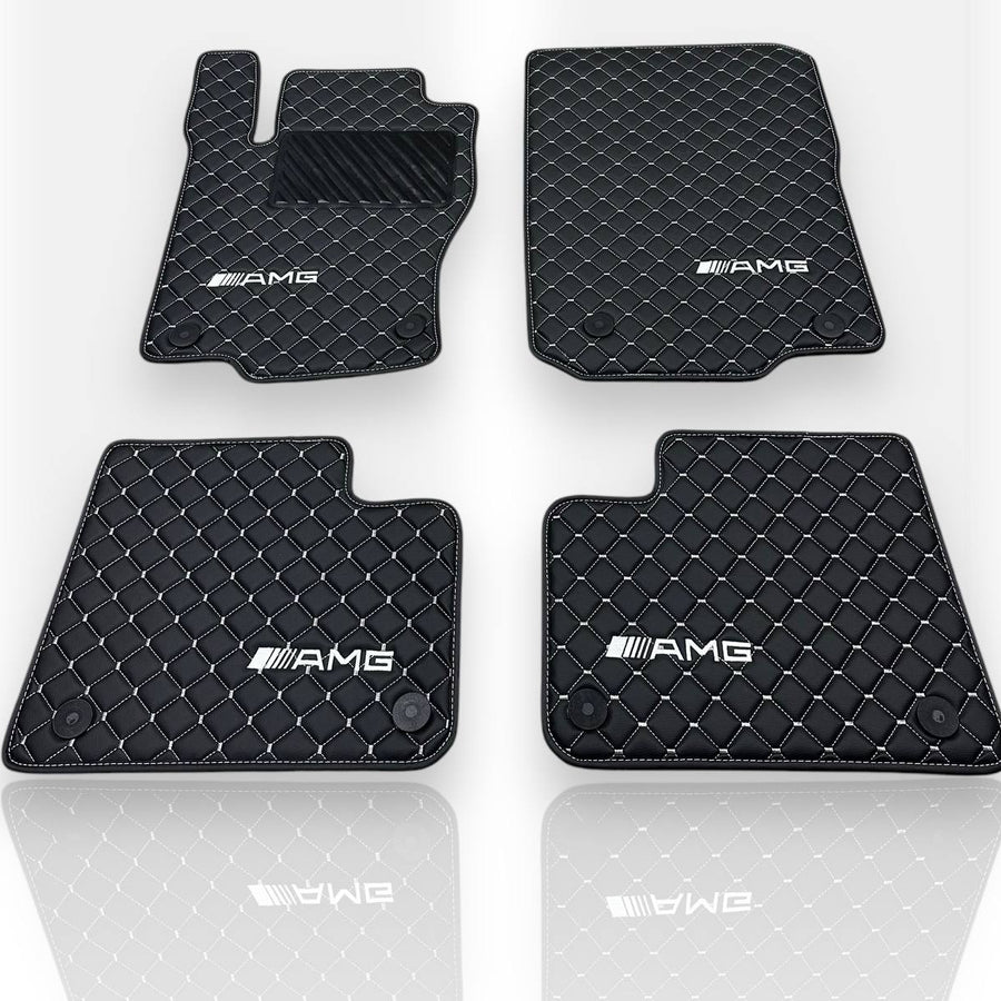 MERCEDES-BENZ Leather Premium Luxury Car Floor Mat Set Black And White Stitch