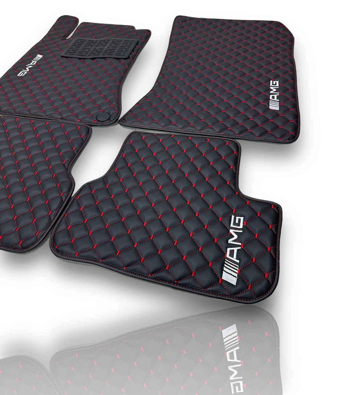 MERCEDES-BENZ Leather Luxury Car Floor Mats | Fits A-B-C-CL Series-E-EQ Series-S-SL Series-G-GL Series-ML-MAYBACH-R-AMG Models | Black Leather & Red Stitch