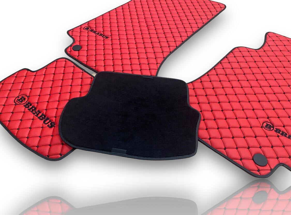 Alfombrillas de cuero de lujo para coche compatibles con Brabus | Compatible con series E, S, EQ, GLE, GLS, EQS SUV, G, AMG-GT y más modelos | Cuero rojo y costura roja