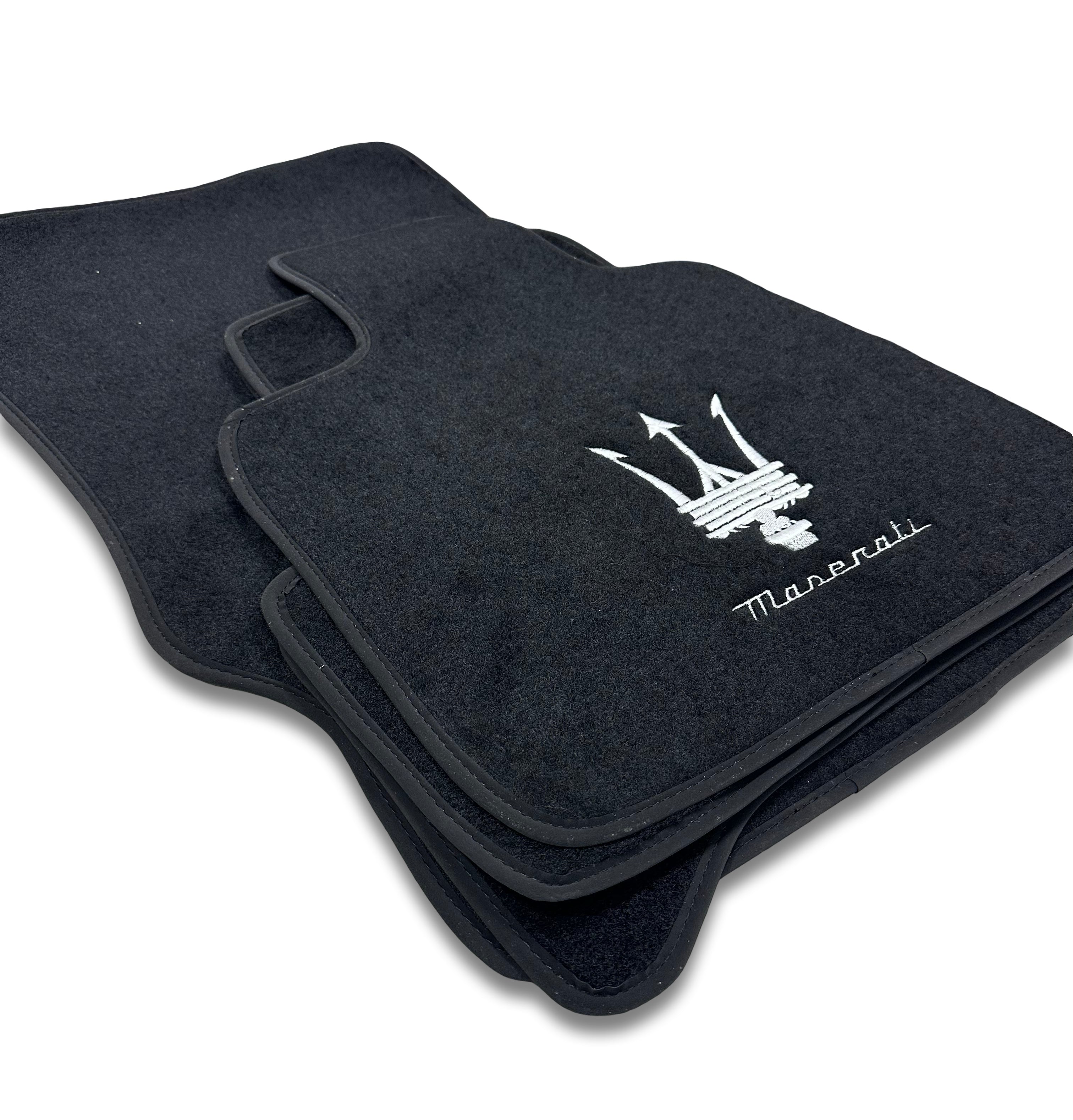 Luxury Carpet Car Floor Mats Compatible With Maserati | Fits Ghibli-Quattroporte-GranCabrio-GranTurismo-Levante-Grecale-MC20 Models | Black Leather & Red Stitch