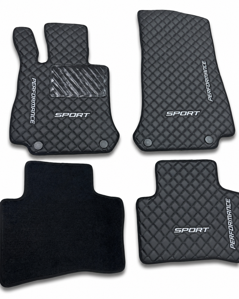 Tapis de sol de luxe en cuir pour voiture compatibles avec Mercedes-Benz | Conviennent aux classes A, B, C, E, S, G, ainsi qu'aux modèles CLA, CLE, CLS, GLA, GLB, GLC, GLE, GLS, SL, EQ, AMG, Maybach et autres | Cuir noir et surpiqûres noires