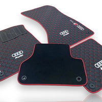 AUDİ Leather Premium Luxury Car Floor Mat Set Black And Red Stitch