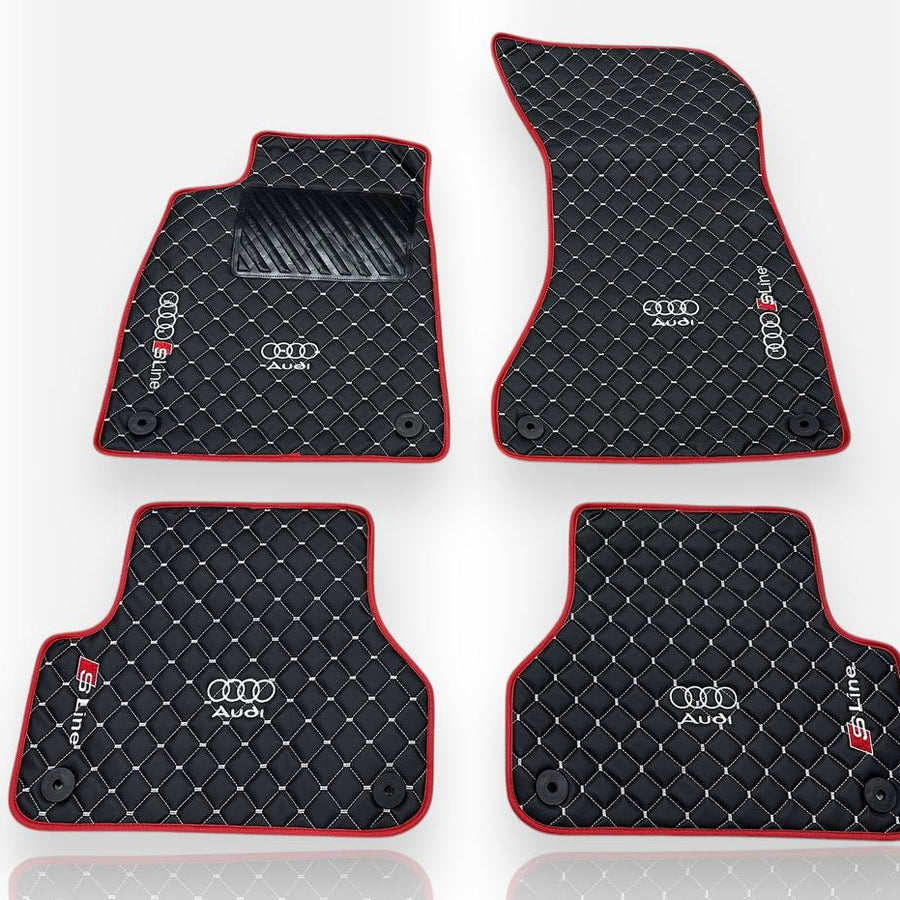 AUDİ Leather Premium Luxury Car Floor Mat Set Black And Gray Stitch