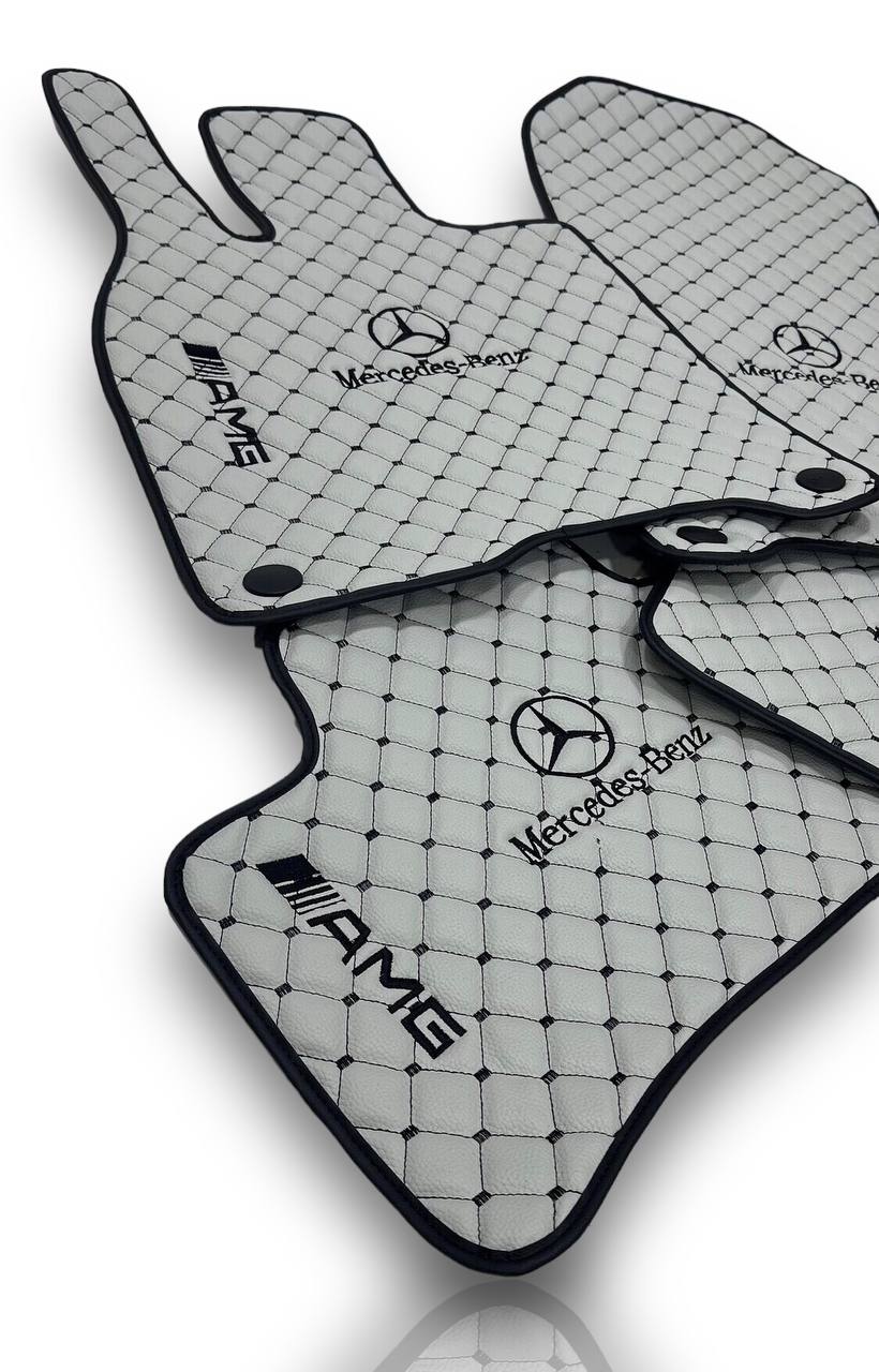 Luxury Leather Car Floor Mats Compatible With MERCEDES-BENZ | Fits A-B-C-CL Series-E-EQ Series-S-SL Series-G-GL Series-ML-MAYBACH-R-AMG Models | Gray Leather & Black Stitch