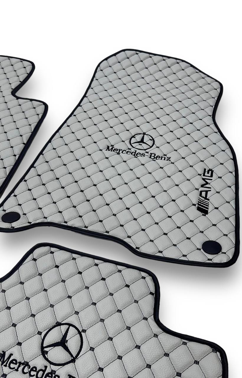 Luxury Leather Car Floor Mats Compatible With MERCEDES-BENZ | Fits A-B-C-CL Series-E-EQ Series-S-SL Series-G-GL Series-ML-MAYBACH-R-AMG Models | Gray Leather & Black Stitch