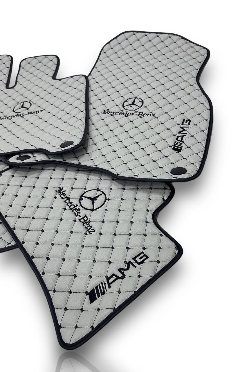 MERCEDES-BENZ Leather Luxury Car Floor Mats | Fits A-B-C-CL Series-E-EQ Series-S-SL Series-G-GL Series-ML-MAYBACH-R-AMG Models | Gray Leather & Black Stitch