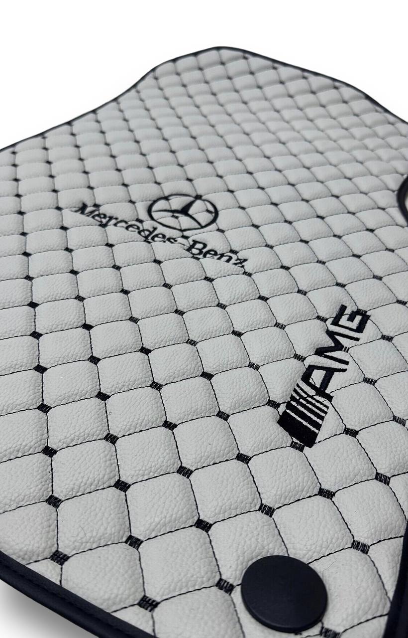 Luxury Leather Car Floor Mats Compatible With MERCEDES-BENZ | Fits A-B-C-CL Series-E-EQ Series-S-SL Series-G-GL Series-ML-MAYBACH-R-AMG Models | Gray Leather & Black Stitch