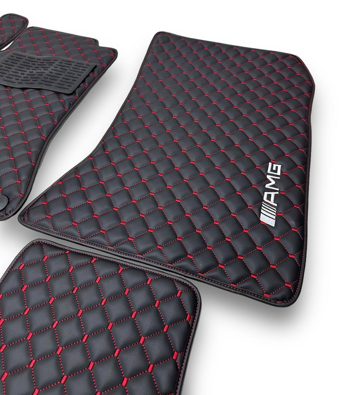 MERCEDES-BENZ Leather Luxury Car Floor Mats | Fits A-B-C-CL Series-E-EQ Series-S-SL Series-G-GL Series-ML-MAYBACH-R-AMG Models | Black Leather & Red Stitch