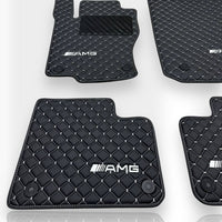 MERCEDES-BENZ Leather Premium Luxury Car Floor Mat Set Black And White Stitch