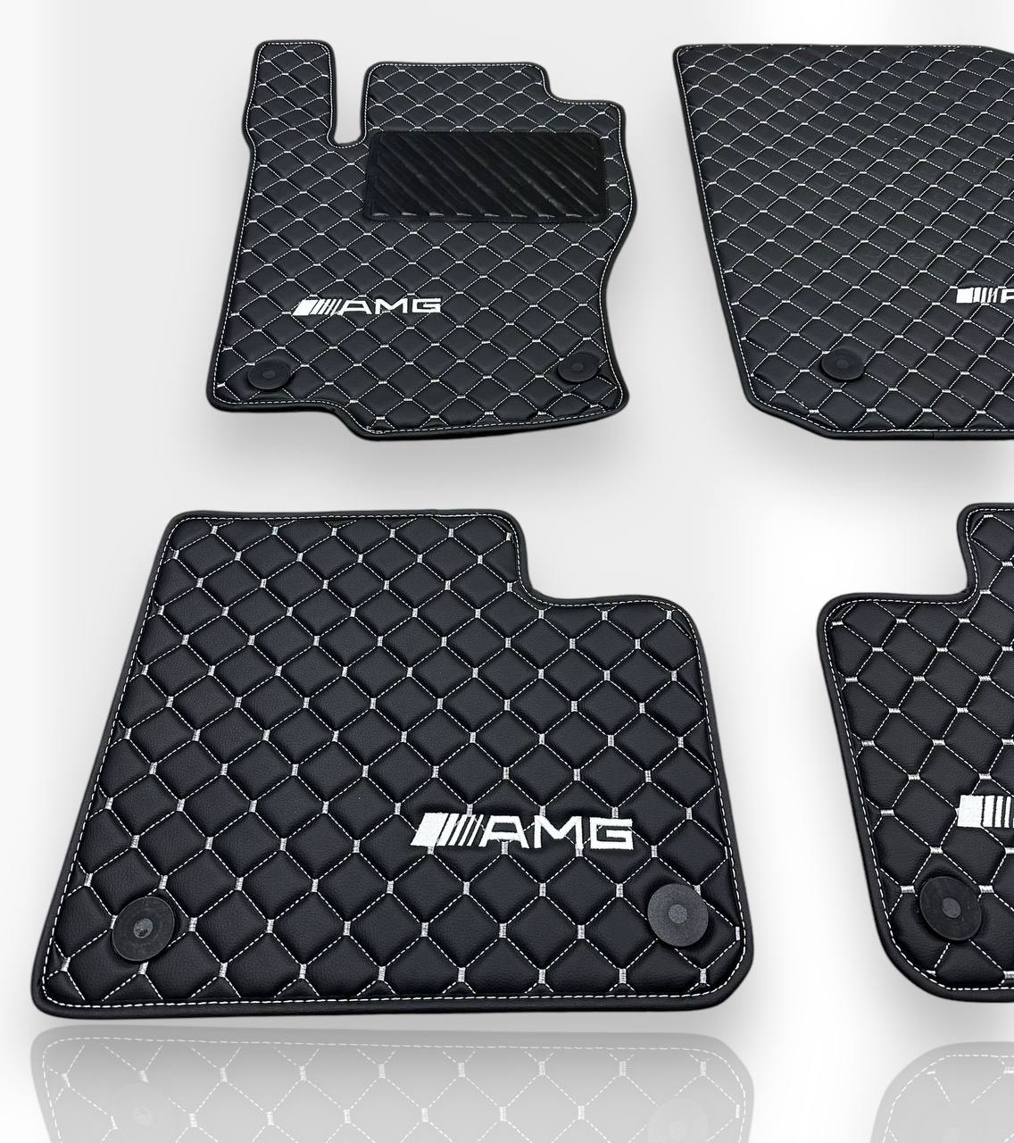 MERCEDES-BENZ Leather Luxury Car Floor Mats | Fits A-B-C-CL Series-E-EQ Series-S-SL Series-G-GL Series-ML-MAYBACH-R-AMG Models | Black Leather & White Stitch