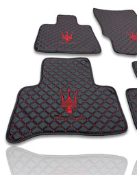 Luxury Leather Car Floor Mats Compatible With Maserati | Fits Ghibli, Quattroporte, GranTurismo, GranCabrio, Levante, Grecale, MC20, MCPURA, 4200 GT & More | Black Leather & Red Stitch