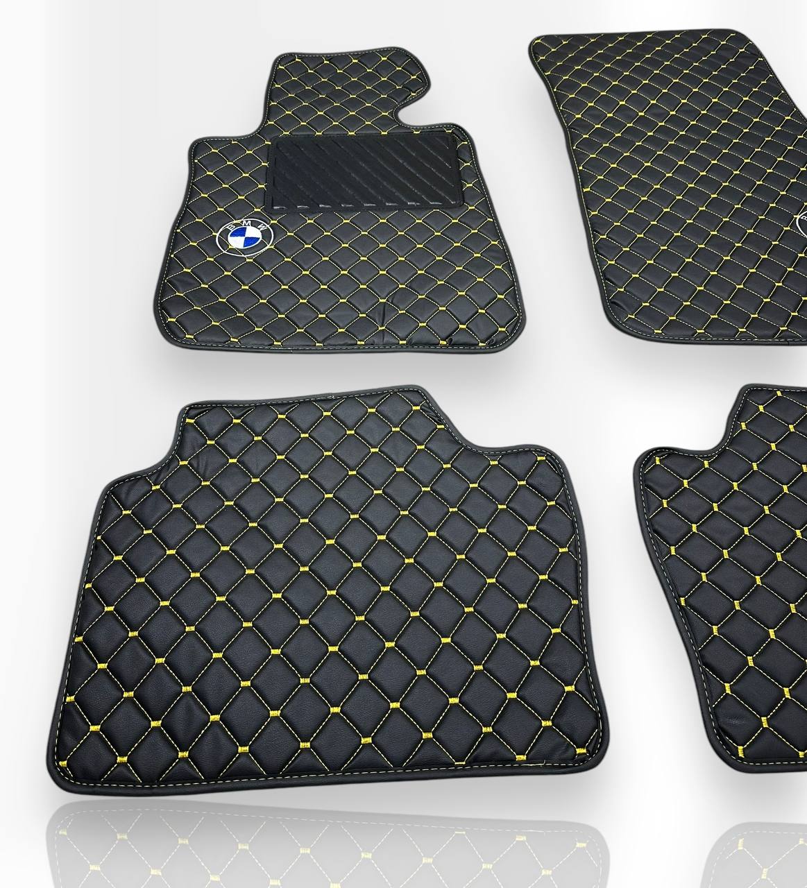 BMW Leather Luxury Car Floor Mats | Fits 1-2-3-4-5-6-7-8-M2-M3-M4-M5-M6-M8-X1-X2-X3-X4-X5-X6-X7-Z3-Z4-i3-i4-i5 Models | Black Leather & Brown Stitch