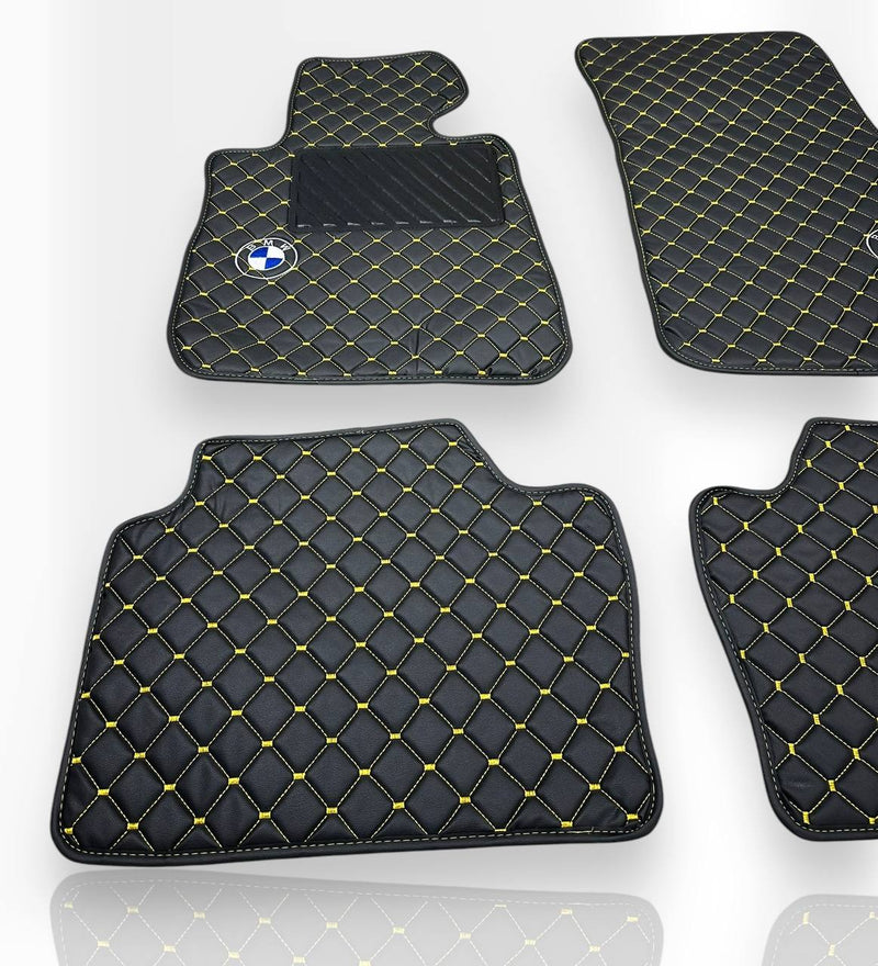 Luxury Leather Car Floor Mats Compatible With BMW Models | Fits 1, 2, 3, 4, 5, 6, 7, 8 Series, X1, X2, X3, X4, X5, X6, X7, XM, Z4, i4, i5, i7, iX, M2, M3, M4, M5, M8 Models | Black Leather & Brown Stitch