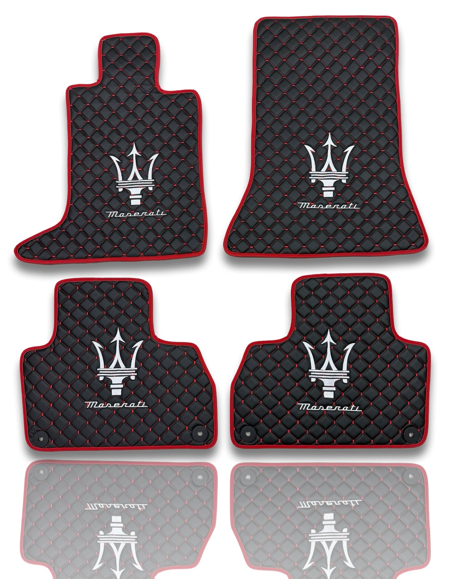 Luxury Leather Car Floor Mats Compatible With Maserati | Fits Ghibli-Quattroporte-GranCabrio-GranTurismo-Levante-Grecale-MC20 Models | Black Leather & Red Stitch & Red Edge