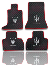 Luxury Leather Car Floor Mats Compatible With Maserati | Fits Ghibli, Quattroporte, GranTurismo, GranCabrio, Levante, Grecale, MC20, MCPURA, 4200 GT & More | Black Leather & Red Stitch & Red Edge