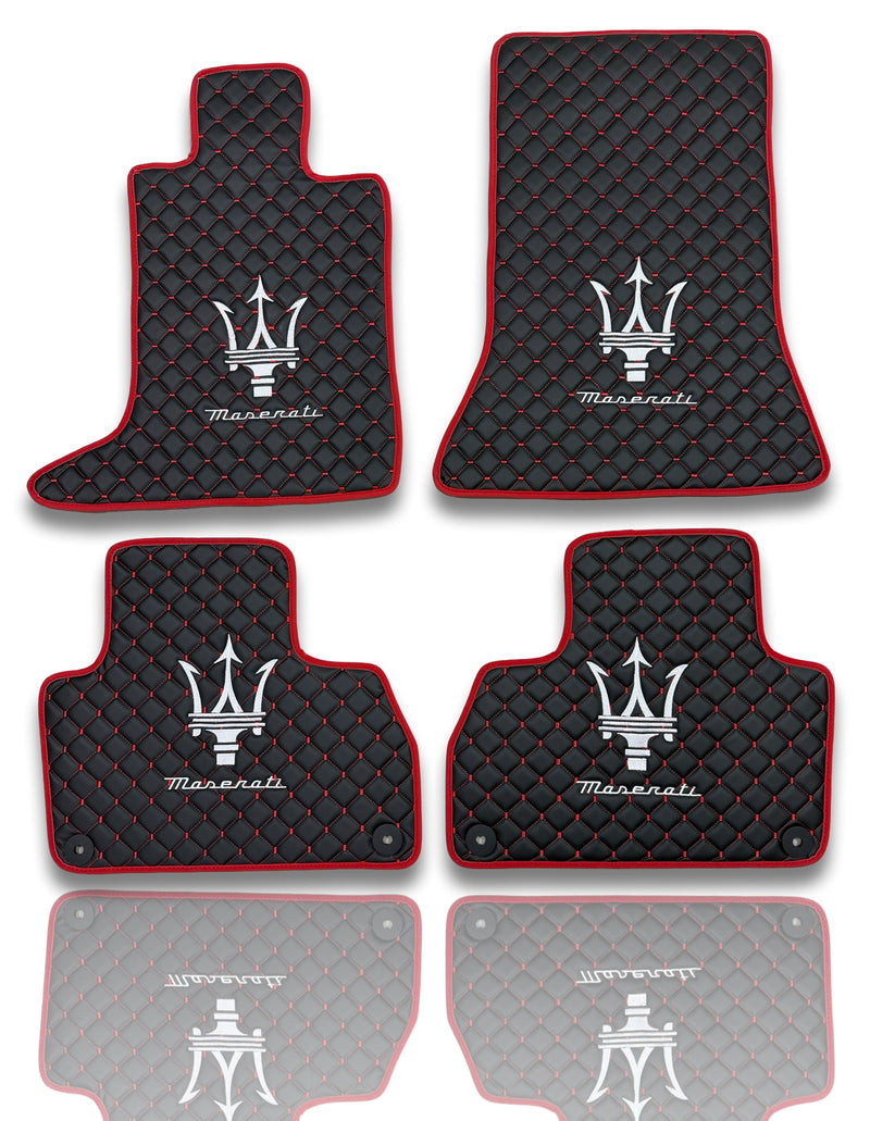 Luxury Leather Car Floor Mats Compatible With Maserati | Fits Ghibli, Quattroporte, GranTurismo, GranCabrio, Levante, Grecale, MC20, MCPURA, 4200 GT & More | Black Leather & Red Stitch & Red Edge