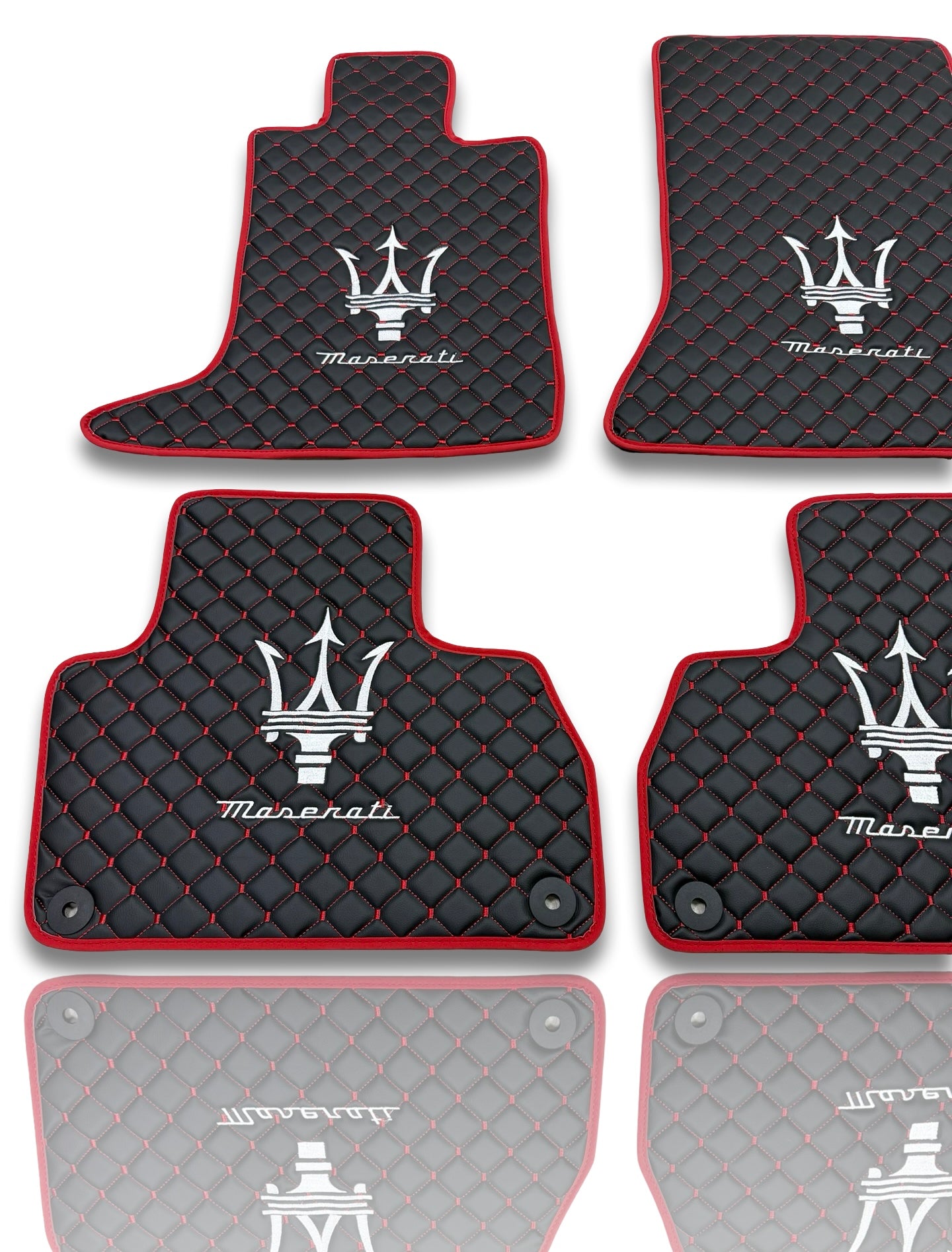 Luxury Leather Car Floor Mats Compatible With Maserati | Fits Ghibli-Quattroporte-GranCabrio-GranTurismo-Levante-Grecale-MC20 Models | Black Leather & Red Stitch & Red Edge