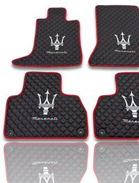 Luxury Leather Car Floor Mats Compatible With Maserati | Fits Ghibli, Quattroporte, GranTurismo, GranCabrio, Levante, Grecale, MC20, MCPURA, 4200 GT & More | Black Leather & Red Stitch & Red Edge