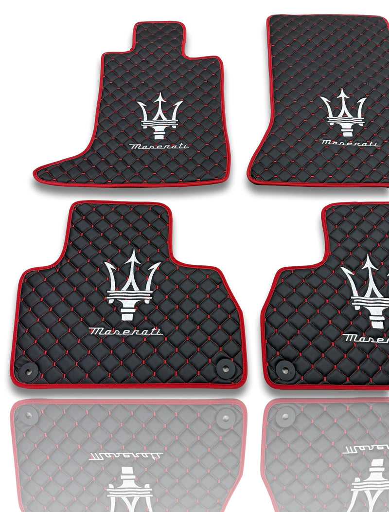 Luxury Leather Car Floor Mats Compatible With Maserati | Fits Ghibli, Quattroporte, GranTurismo, GranCabrio, Levante, Grecale, MC20, MCPURA, 4200 GT & More | Black Leather & Red Stitch & Red Edge
