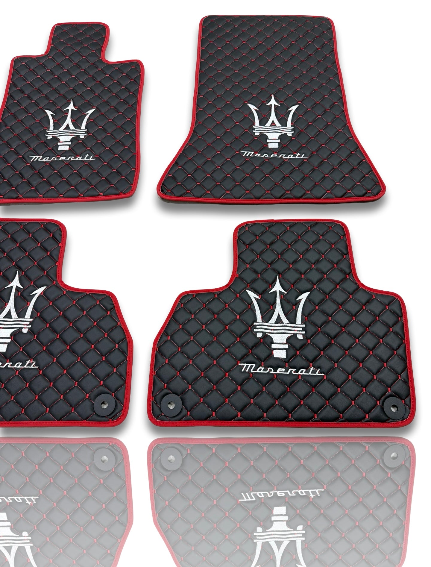 Luxury Leather Car Floor Mats Compatible With Maserati | Fits Ghibli-Quattroporte-GranCabrio-GranTurismo-Levante-Grecale-MC20 Models | Black Leather & Red Stitch & Red Edge