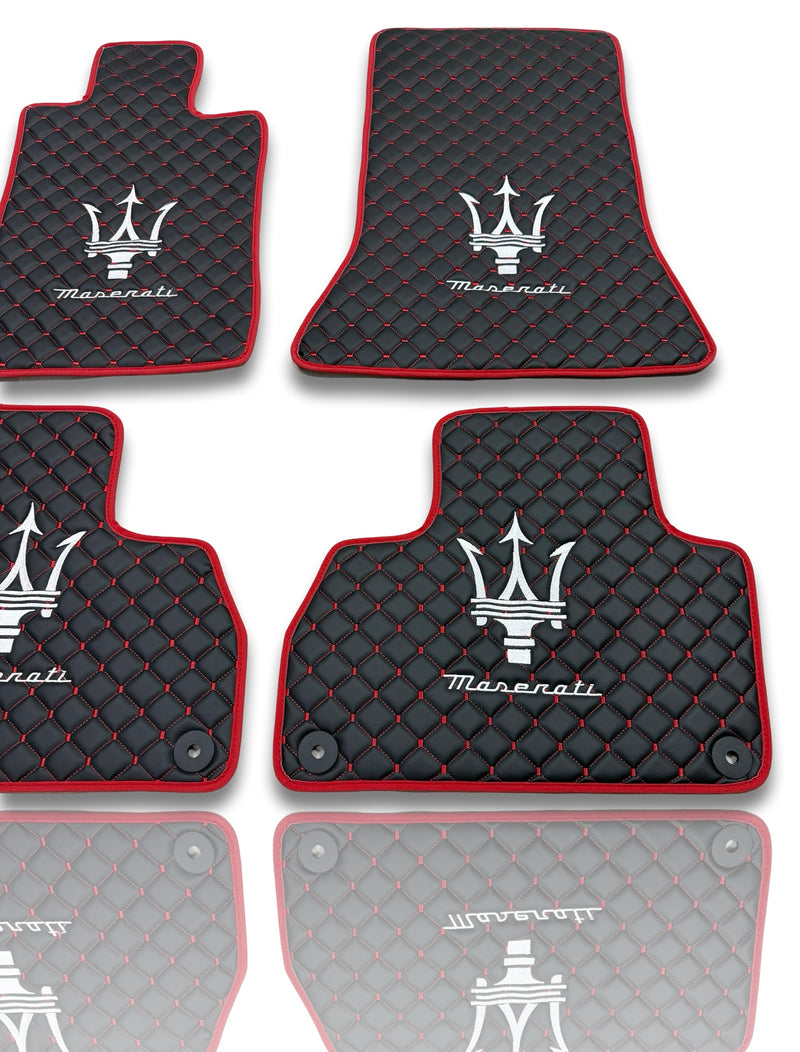 Luxury Leather Car Floor Mats Compatible With Maserati | Fits Ghibli, Quattroporte, GranTurismo, GranCabrio, Levante, Grecale, MC20, MCPURA, 4200 GT & More | Black Leather & Red Stitch & Red Edge