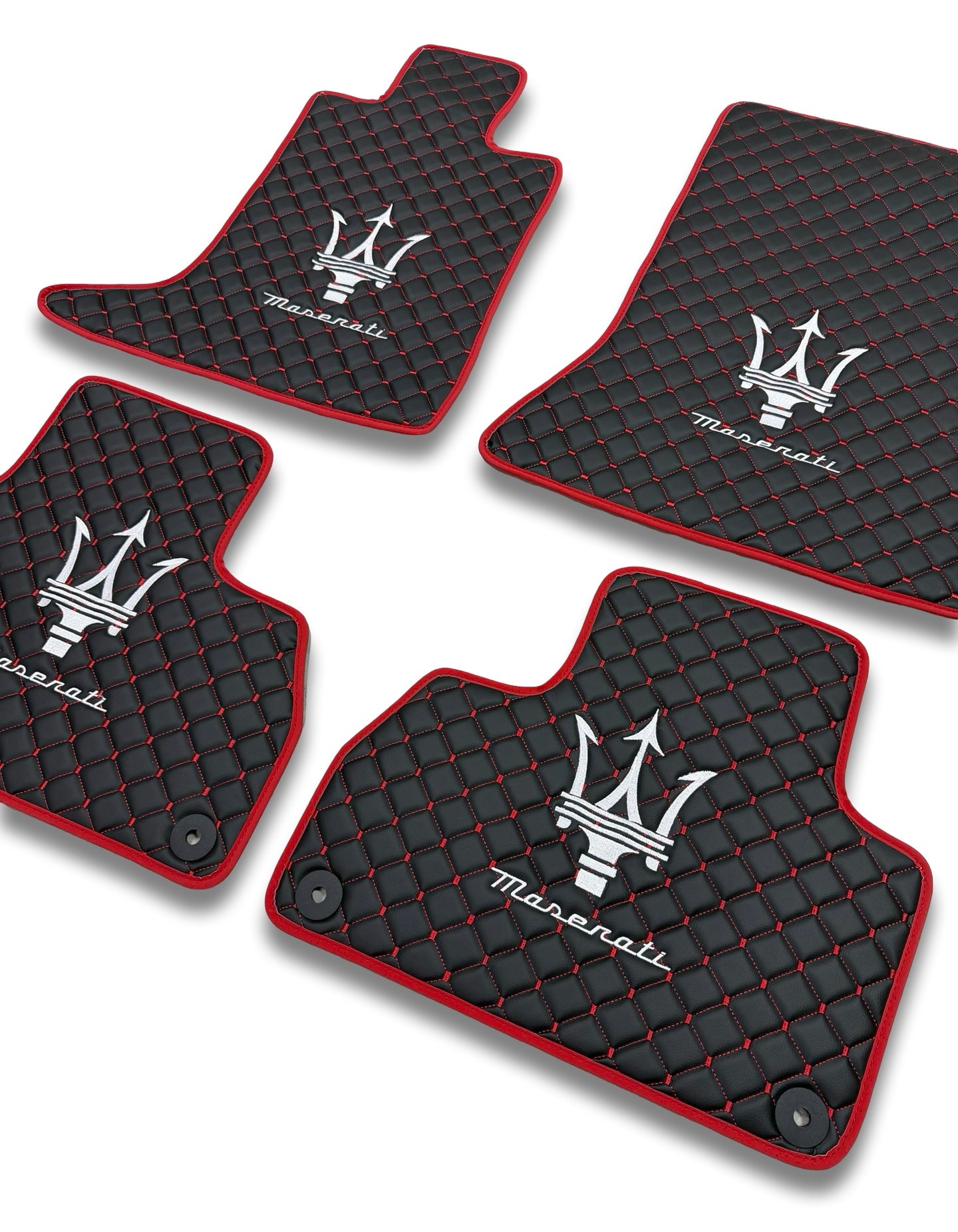 Luxury Leather Car Floor Mats Compatible With Maserati | Fits Ghibli-Quattroporte-GranCabrio-GranTurismo-Levante-Grecale-MC20 Models | Black Leather & Red Stitch & Red Edge