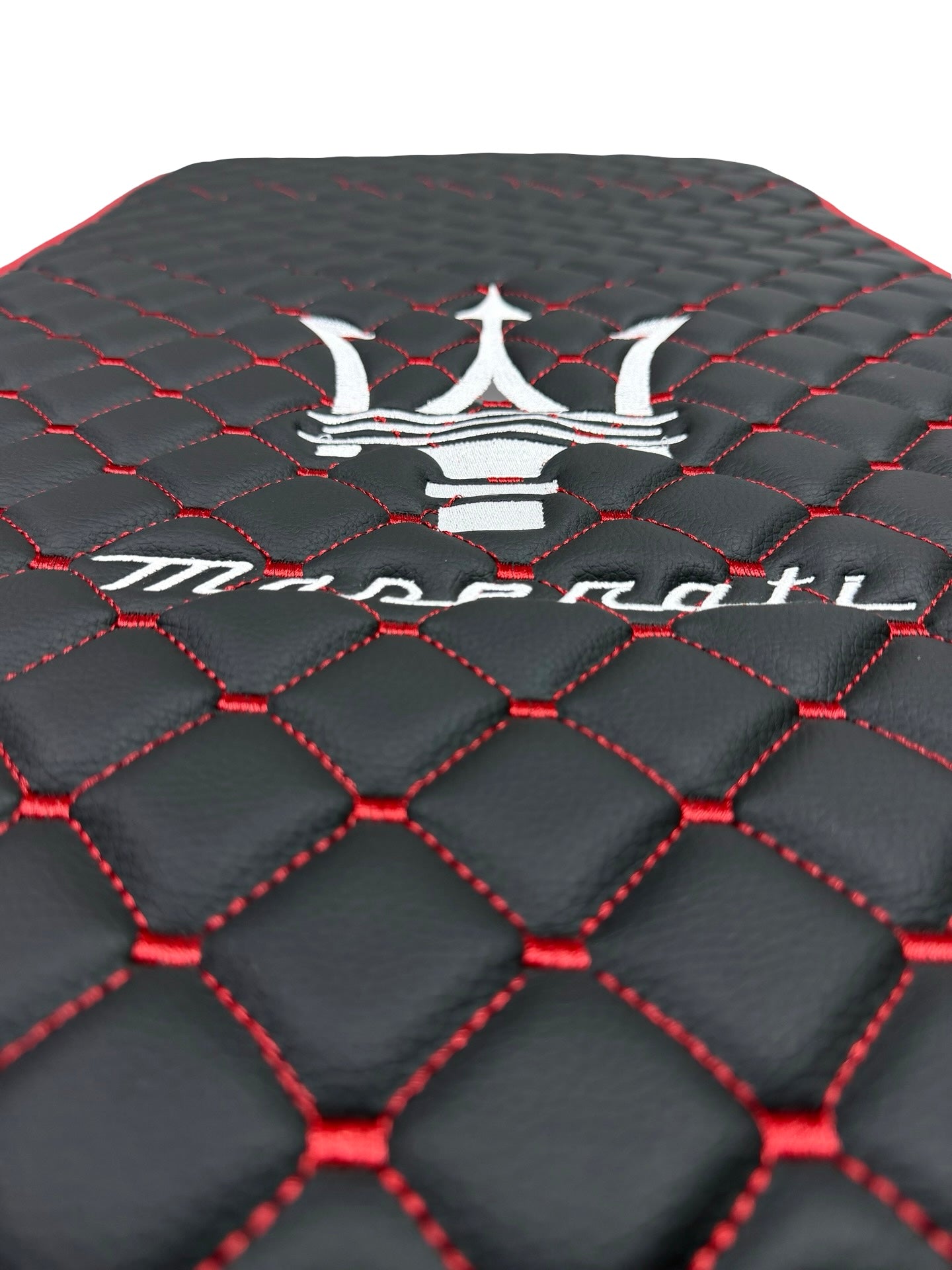 Luxury Leather Car Floor Mats Compatible With Maserati | Fits Ghibli-Quattroporte-GranCabrio-GranTurismo-Levante-Grecale-MC20 Models | Black Leather & Red Stitch & Red Edge