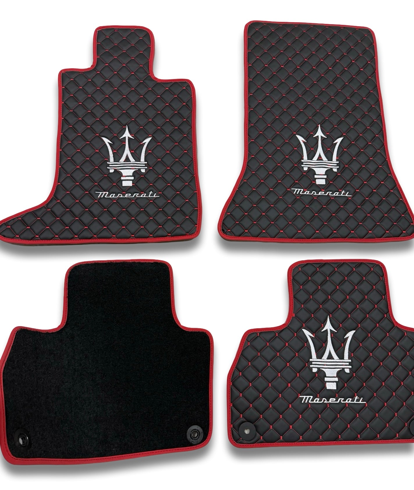 Luxury Leather Car Floor Mats Compatible With Maserati | Fits Ghibli-Quattroporte-GranCabrio-GranTurismo-Levante-Grecale-MC20 Models | Black Leather & Red Stitch & Red Edge