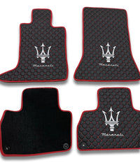 Luxury Leather Car Floor Mats Compatible With Maserati | Fits Ghibli, Quattroporte, GranTurismo, GranCabrio, Levante, Grecale, MC20, MCPURA, 4200 GT & More | Black Leather & Red Stitch & Red Edge