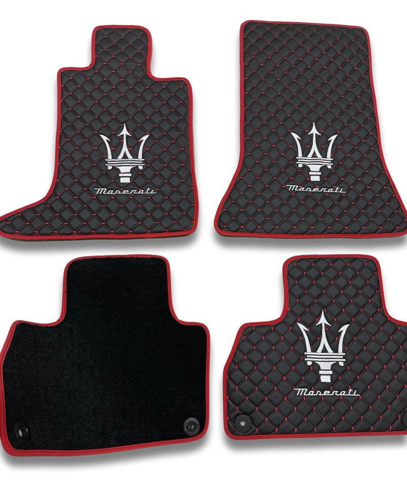 Luxury Leather Car Floor Mats Compatible With Maserati | Fits Ghibli, Quattroporte, GranTurismo, GranCabrio, Levante, Grecale, MC20, MCPURA, 4200 GT & More | Black Leather & Red Stitch & Red Edge