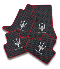 Luxury Leather Car Floor Mats Compatible With Maserati | Fits Ghibli, Quattroporte, GranTurismo, GranCabrio, Levante, Grecale, MC20, MCPURA, 4200 GT & More | Black Leather & Red Stitch & Red Edge