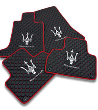 Luxury Leather Car Floor Mats Compatible With Maserati | Fits Ghibli, Quattroporte, GranTurismo, GranCabrio, Levante, Grecale, MC20, MCPURA, 4200 GT & More | Black Leather & Red Stitch & Red Edge